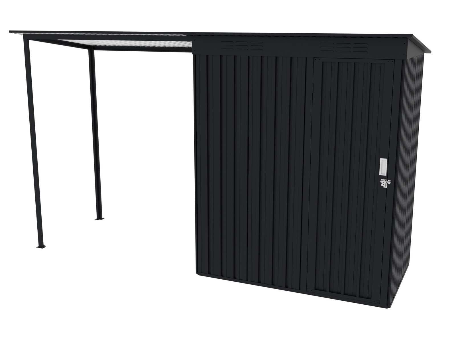 Black flat-roof metal garden shed with an attached covered side bay