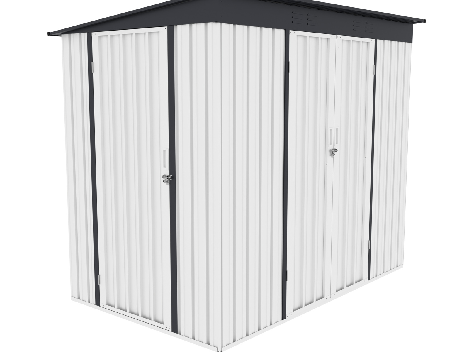 Black-and-white pent-roof metal garden shed with multiple doors