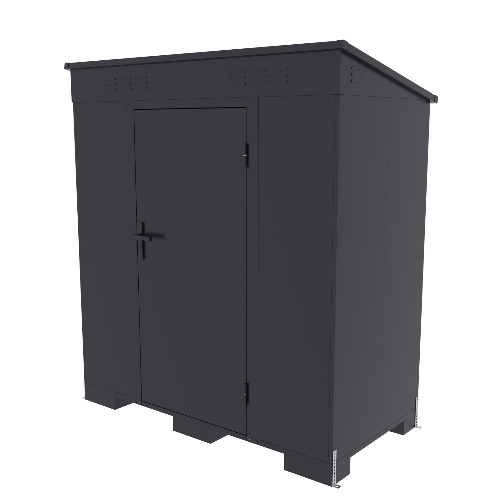 Black compact pent-roof metal garden shed with a single door on a white background