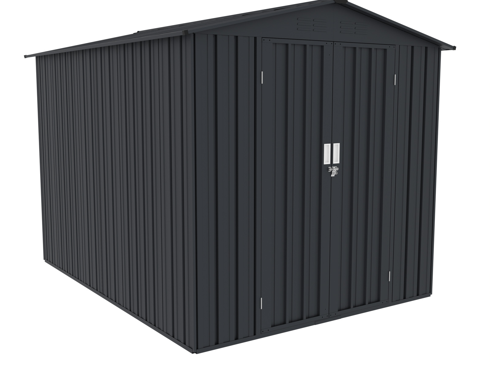 Black classic corrugated-steel garden shed with apex roof and double doors