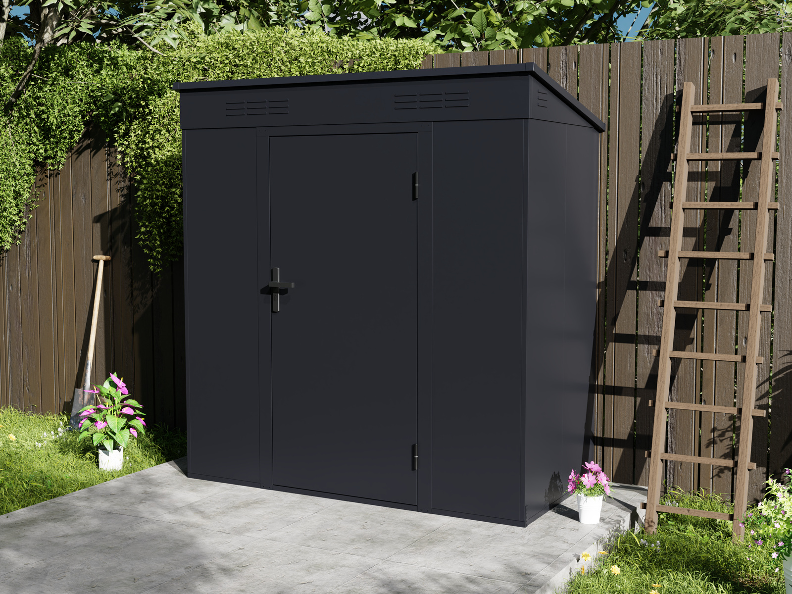 Black flat-roof metal garden shed with flat wall surfaces