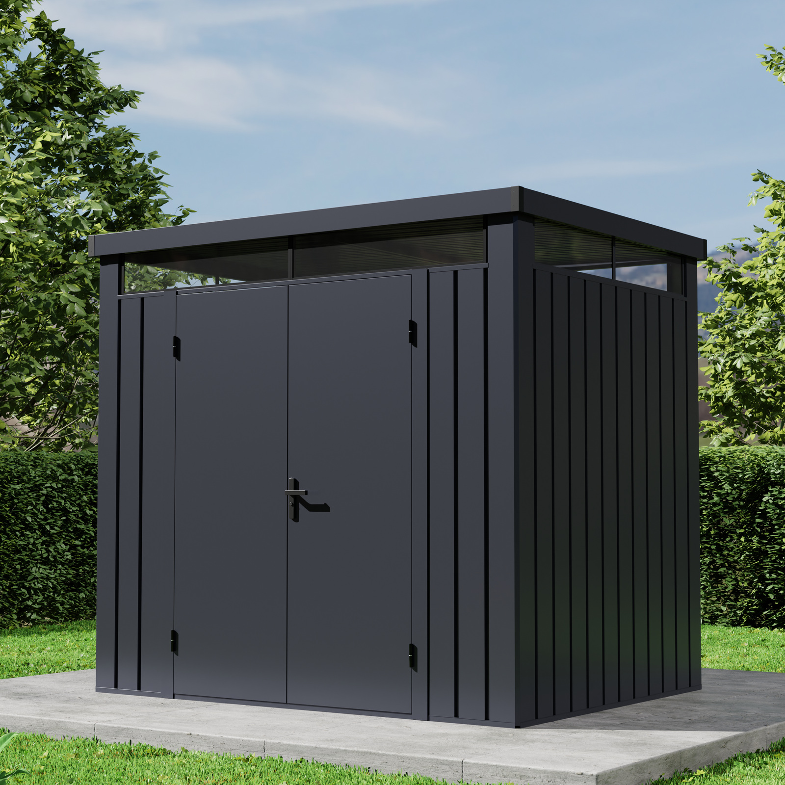 Black flat-roof metal garden shed with upper windows and double doors