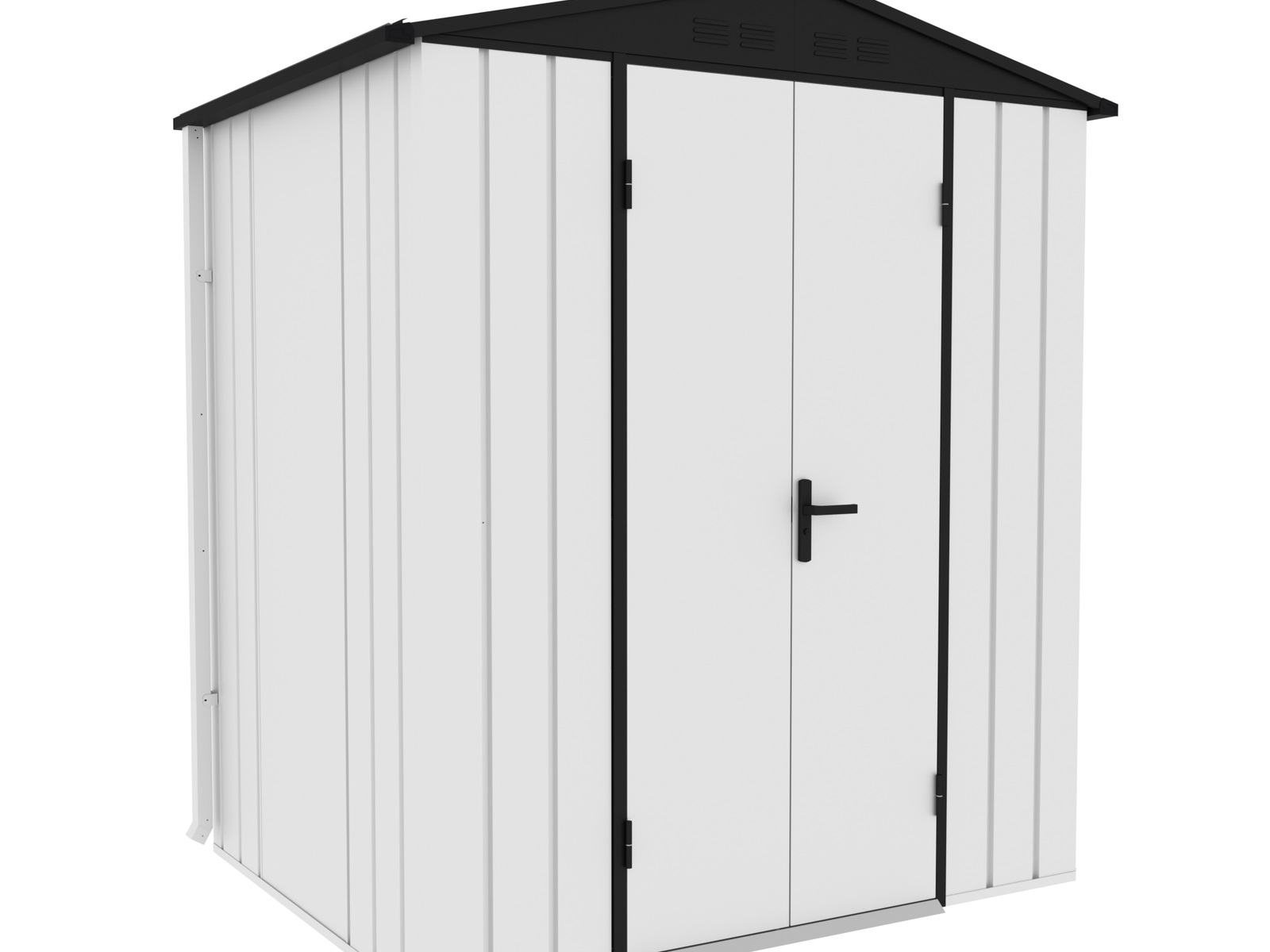 White classic metal garden shed with apex roof and double front doors