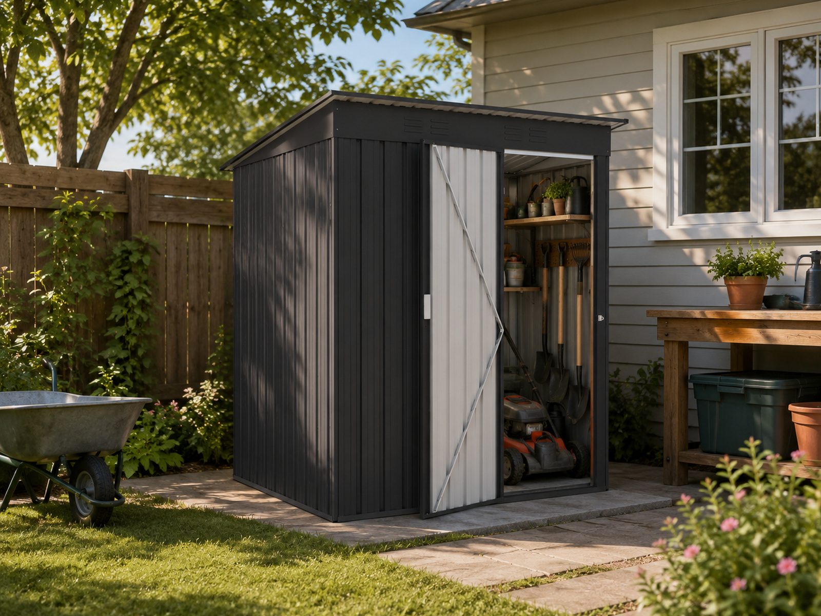 Compact black-and-white pent-roof metal garden shed with a single door