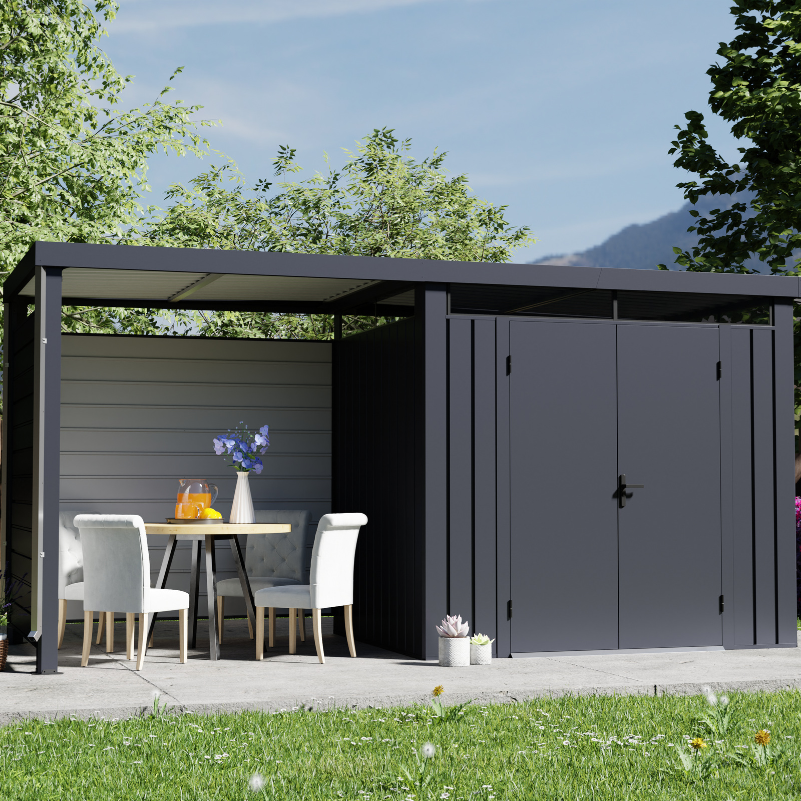 Metal garden shed with an attached covered side area for retail range planning