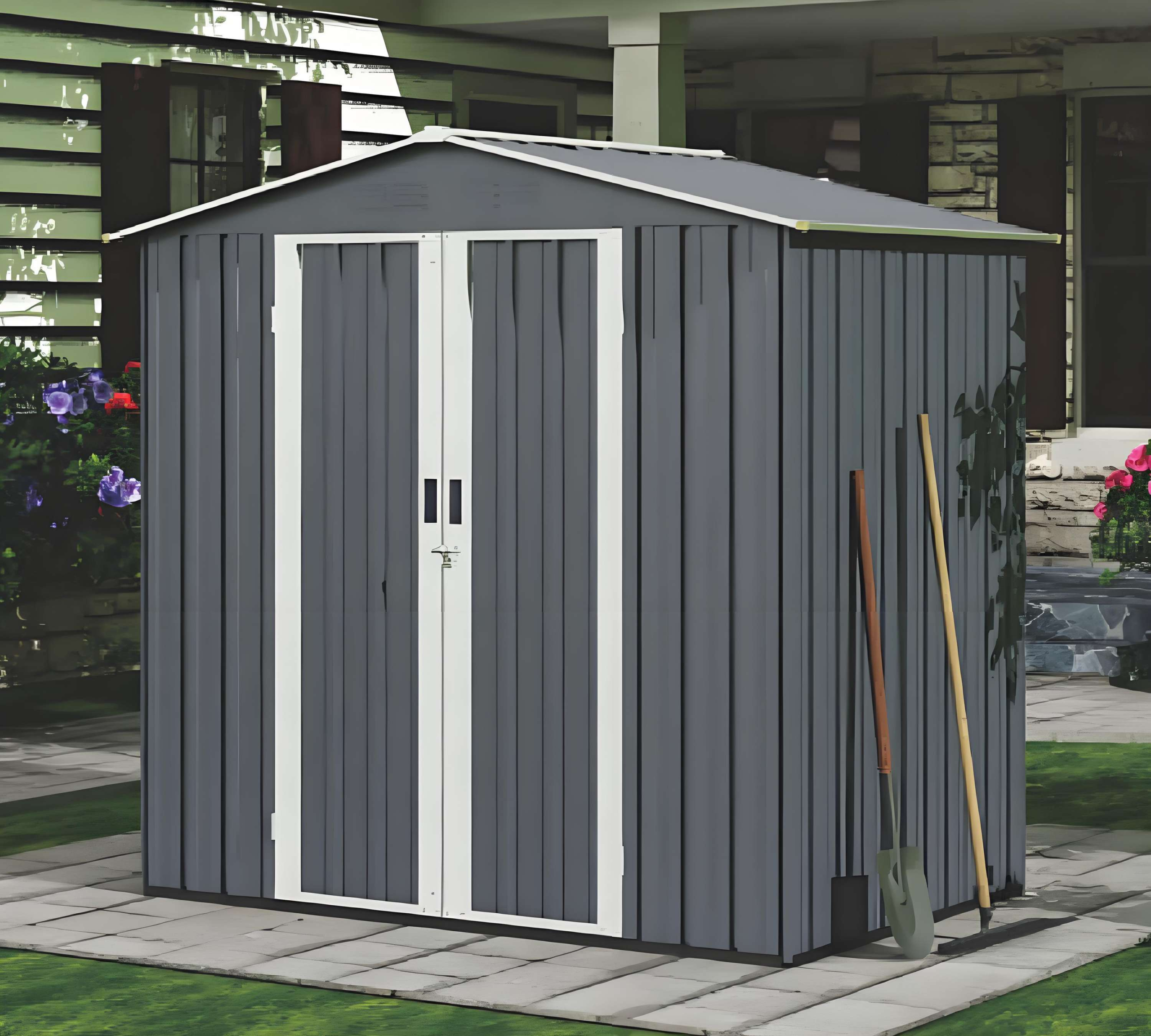 outdoor garden storage shed with metal frame