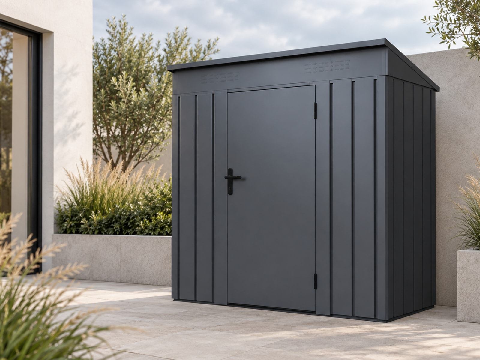 Flat wall metal garden shed for retail-ready garden storage