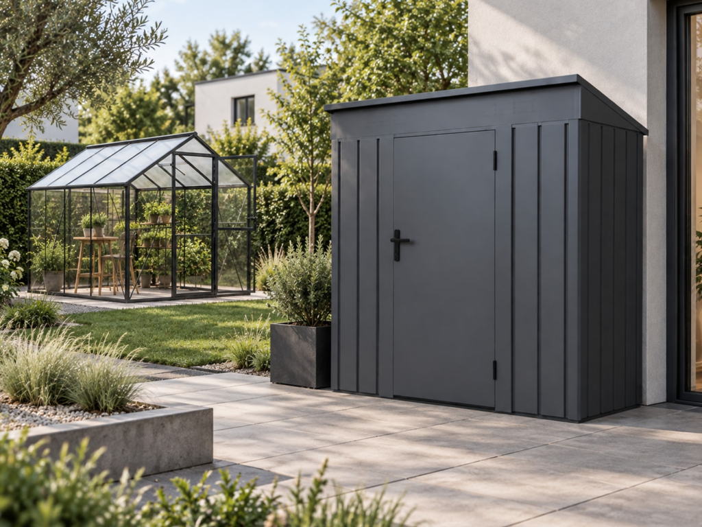 Metal garden shed and greenhouse range for German retail and importer sourcing
