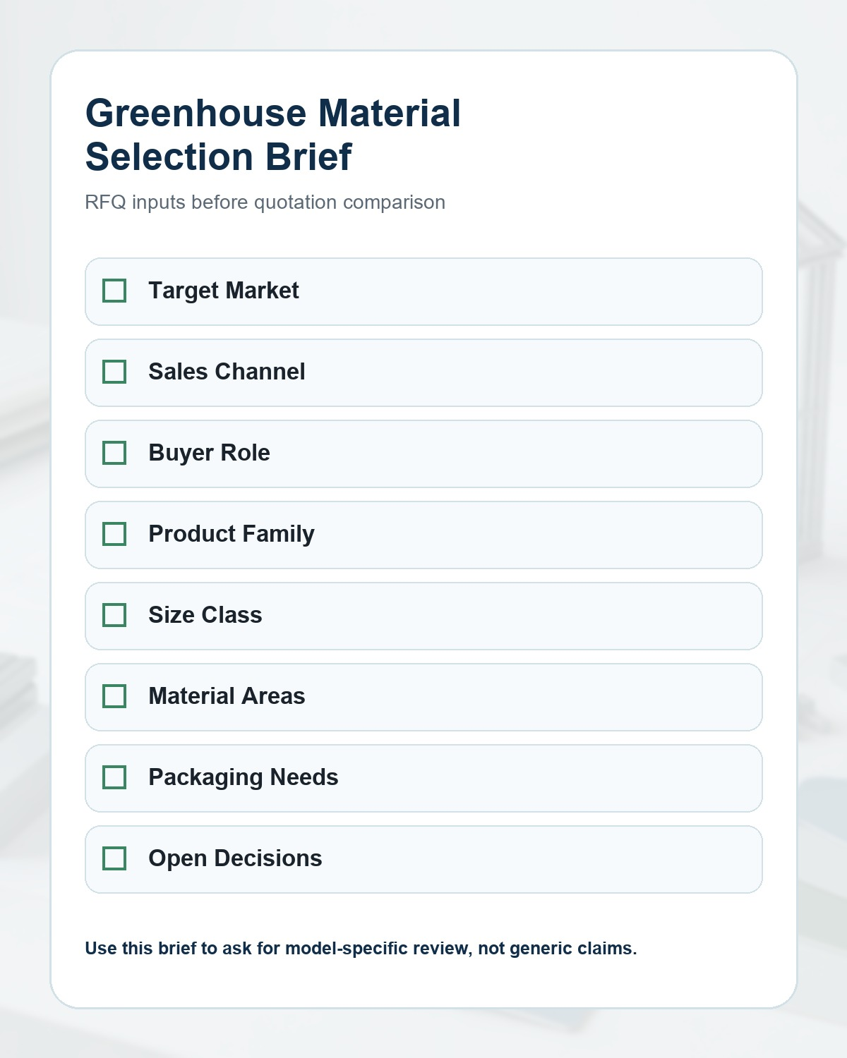 Greenhouse Material Selection Brief Greenhouse material selection RFQ brief checklist for retail buyers