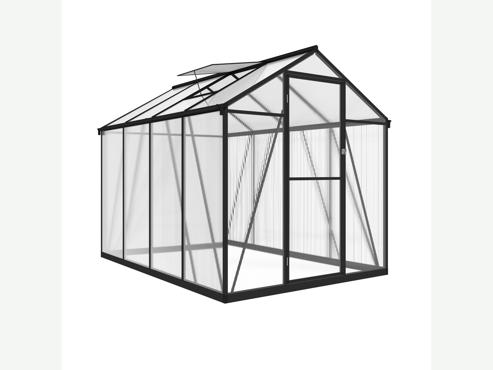 Four-bay dark-framed garden greenhouse isolated product view