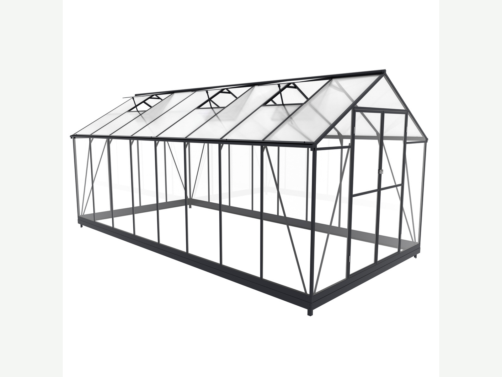 Eight-bay dark-framed garden greenhouse isolated product view