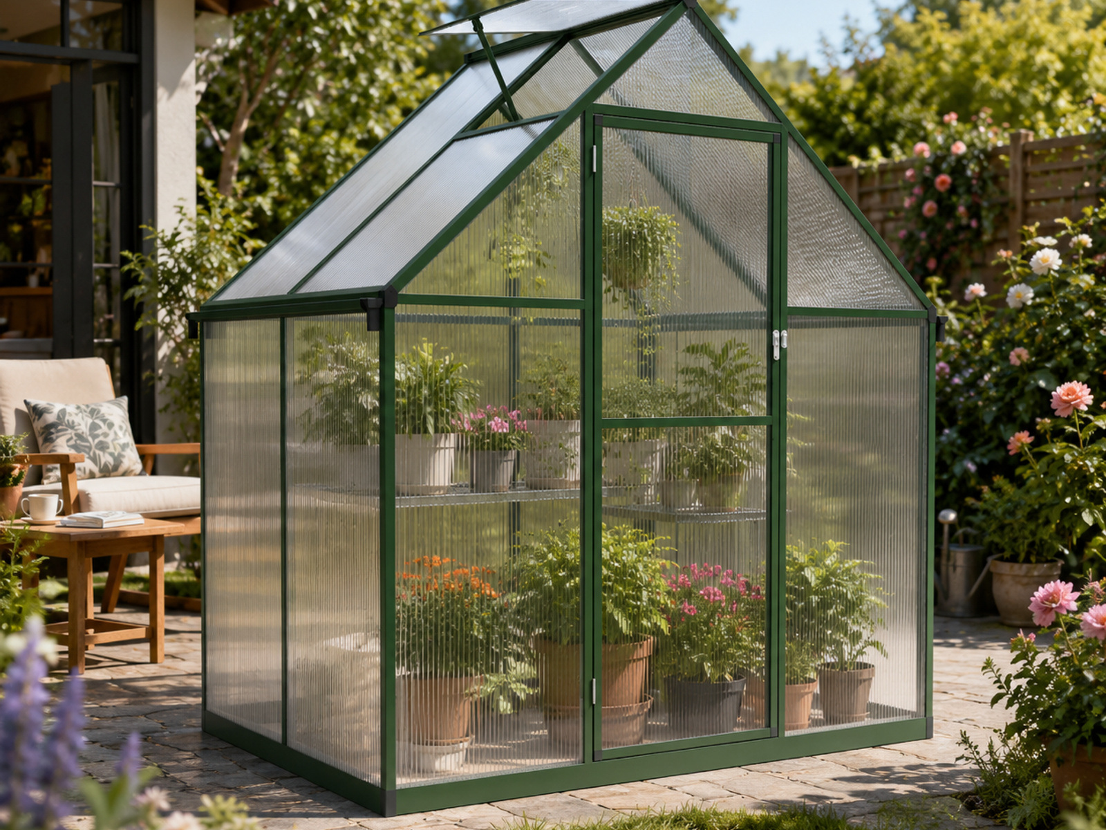 Two-bay dark green garden greenhouse in a landscaped setting