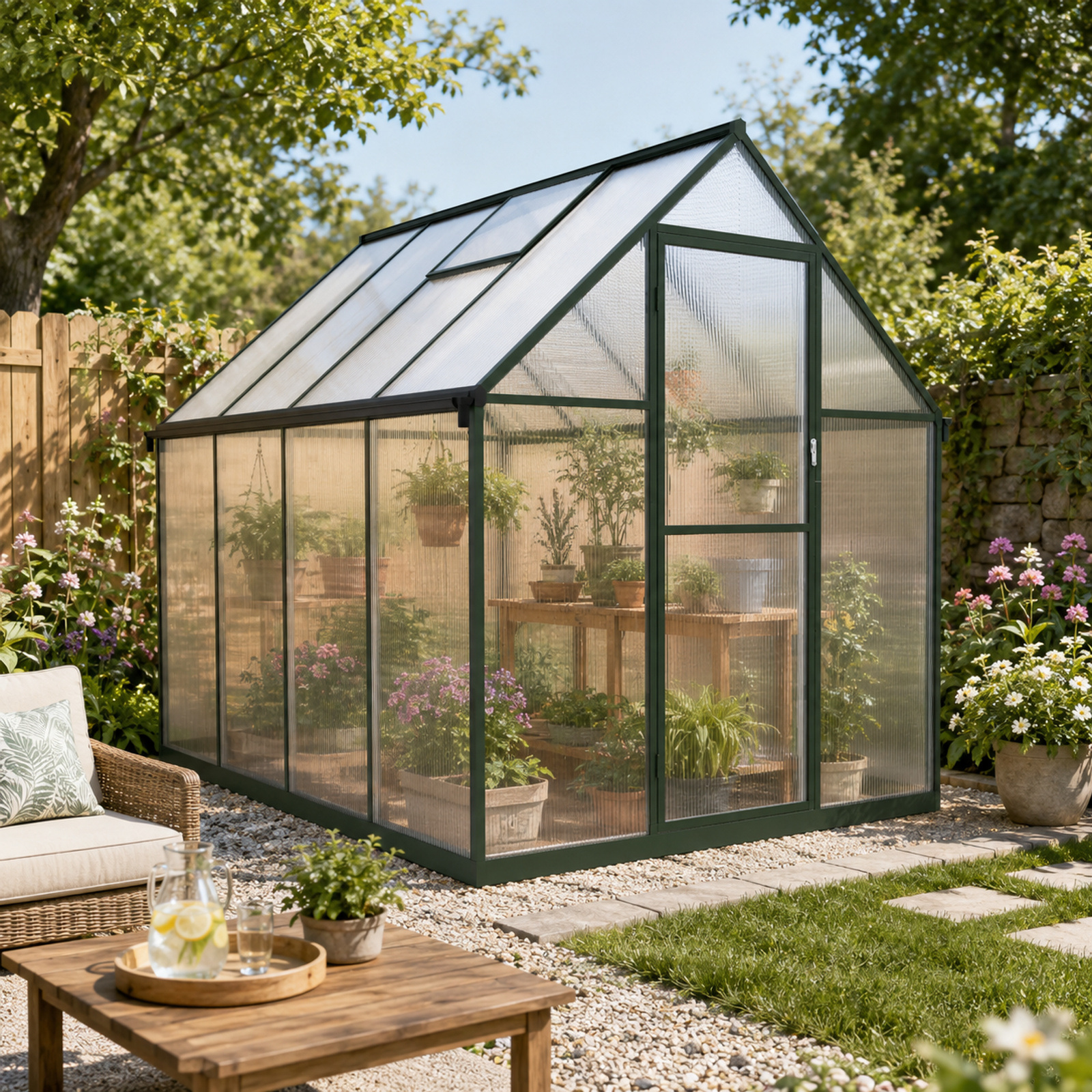 Dark green framed four-bay garden greenhouse in a garden scene