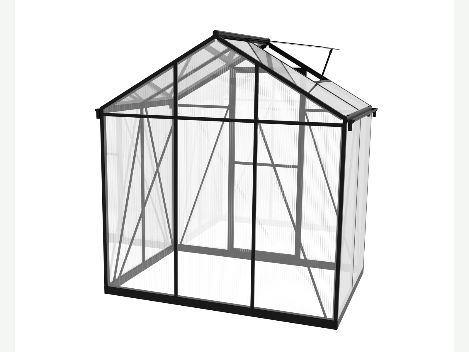 Extended dark-framed garden greenhouse shown from the rear