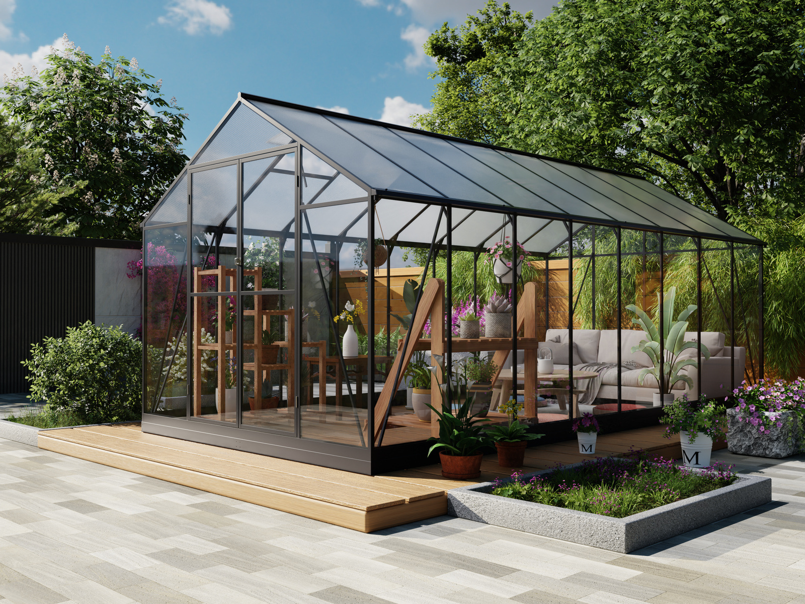 Large multi-bay dark-framed garden greenhouse product view