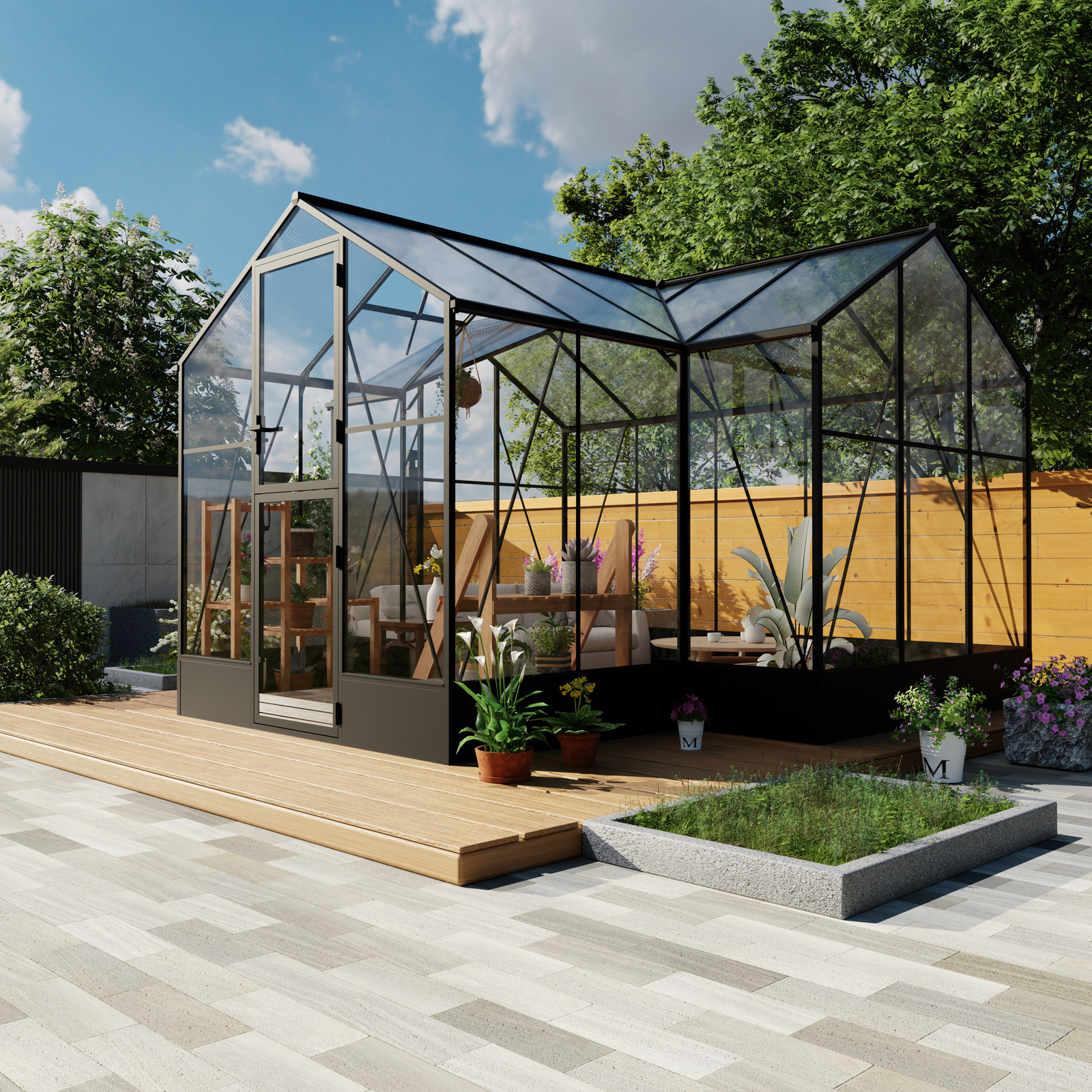 Dark-framed T-shaped glass garden greenhouse product view