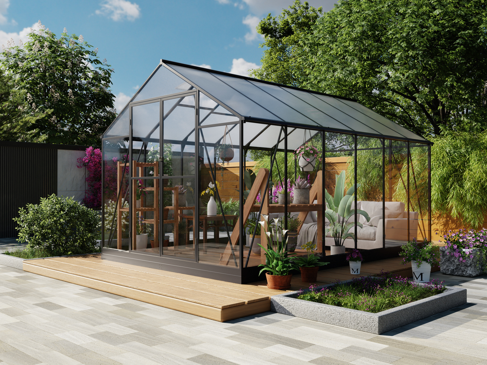Six-bay dark-framed garden greenhouse product rendering