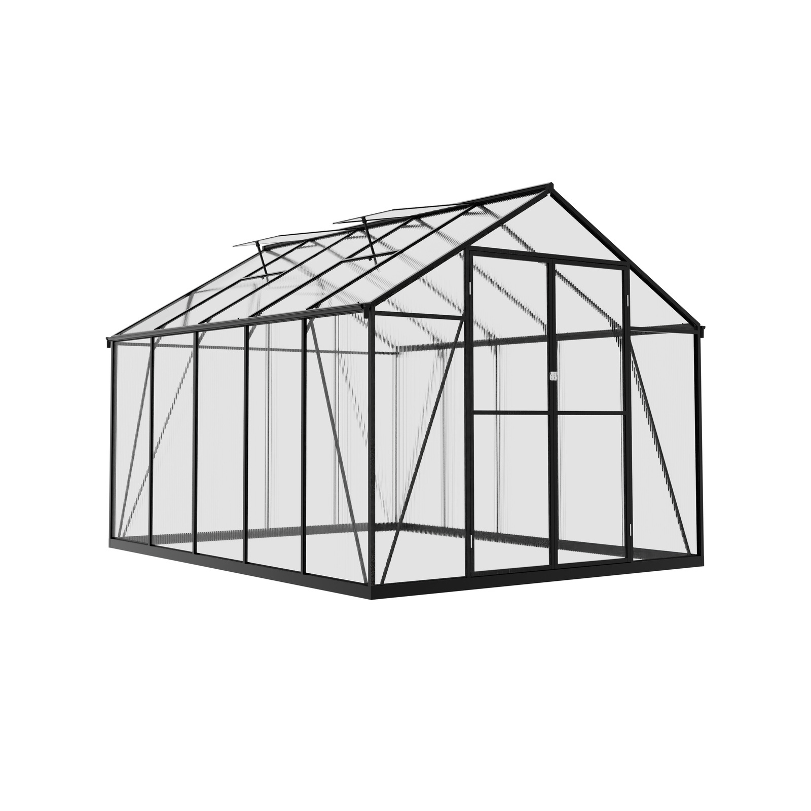 Long dark-framed garden greenhouse in a landscaped setting