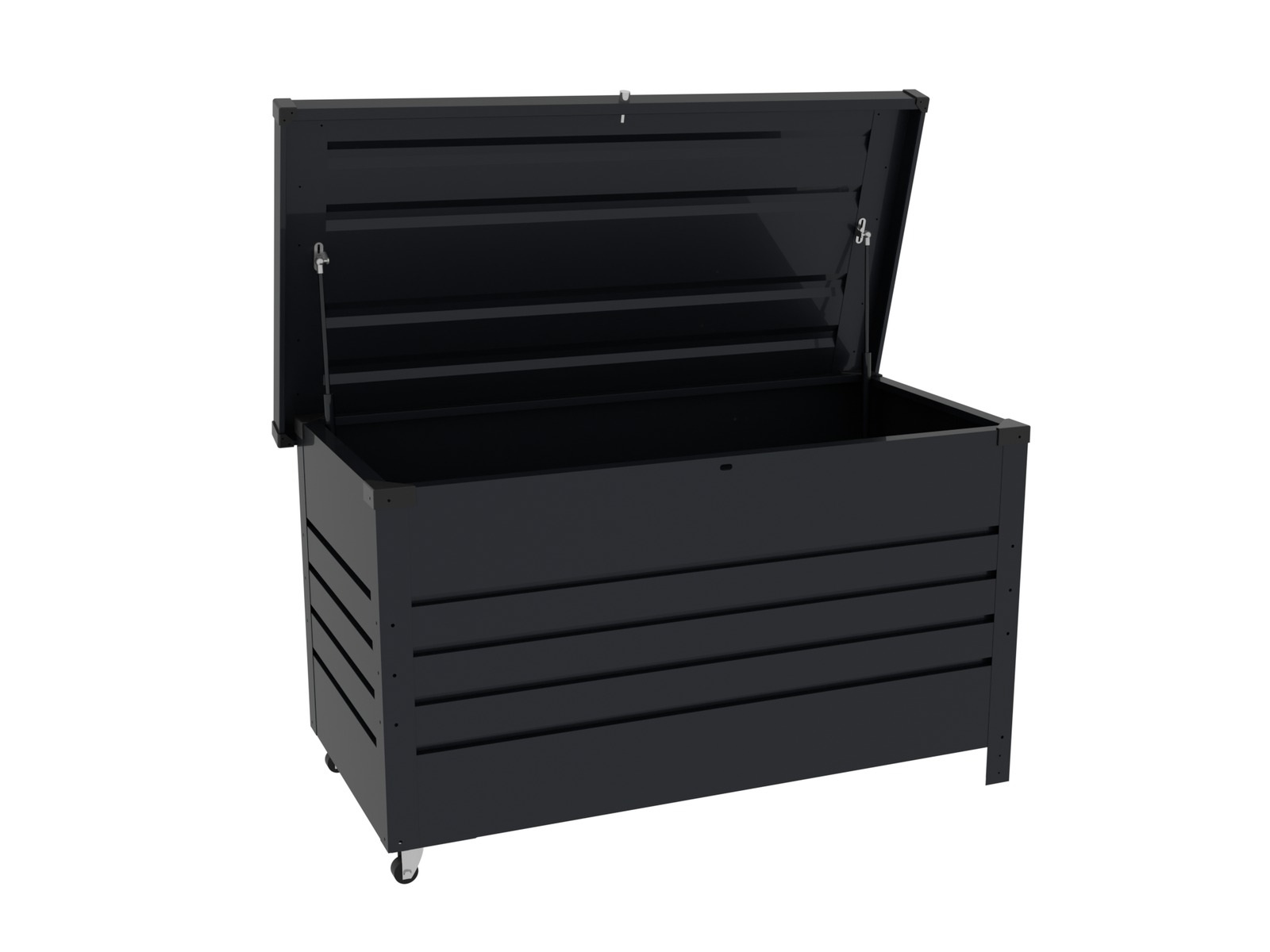 Open metal storage box with wheels visible at the base