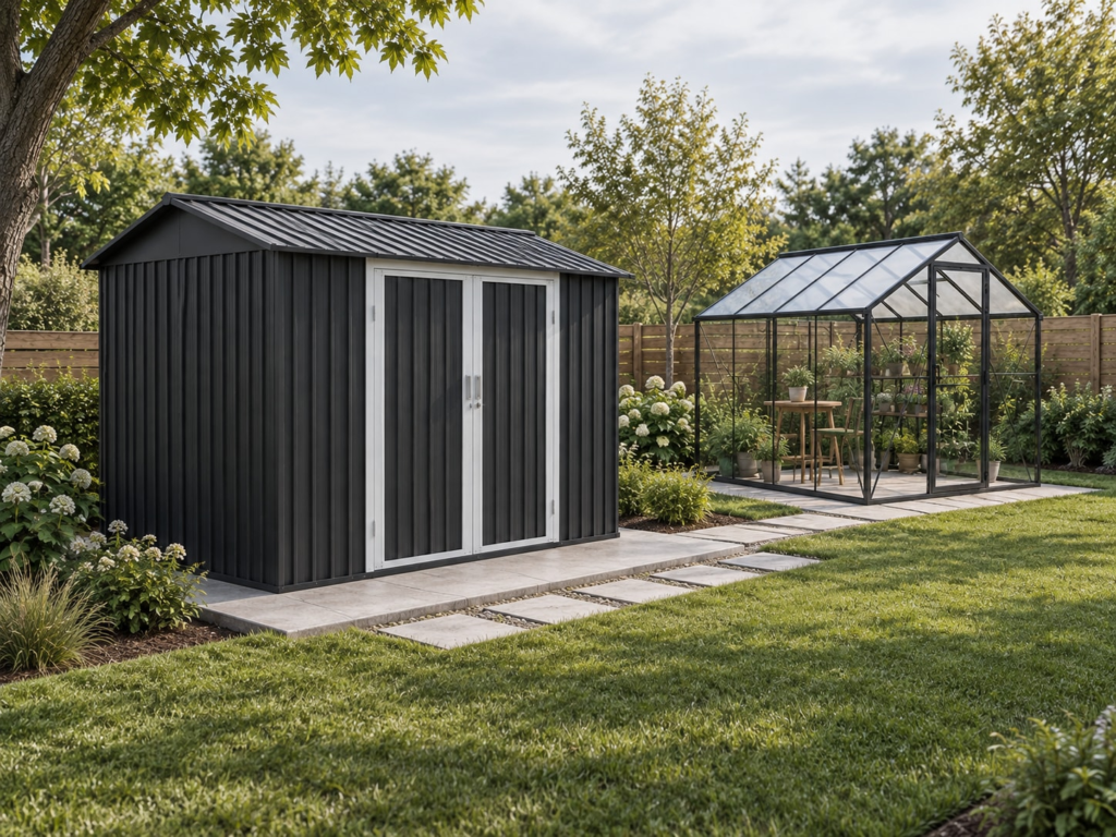 Outdoor storage, metal shed and backyard greenhouse range for North America