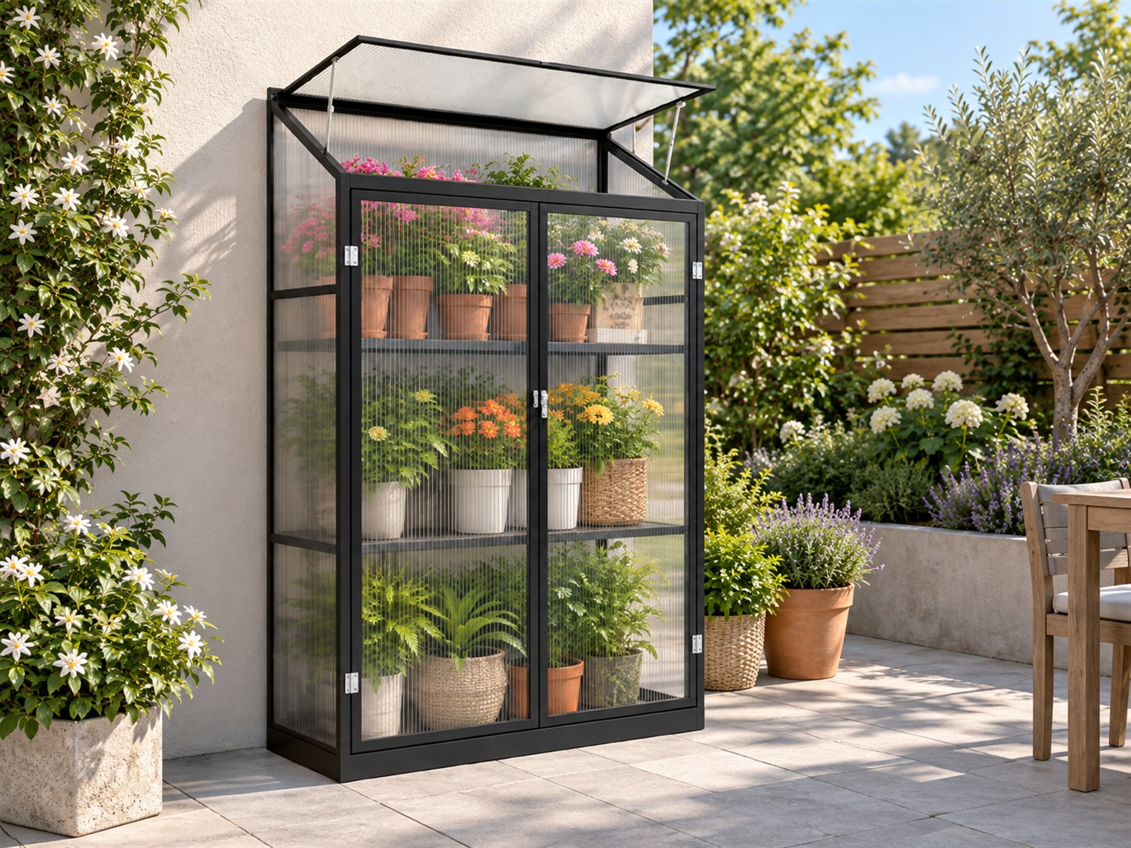 Narrow outdoor greenhouse cabinet with hinged polycarbonate front panels
