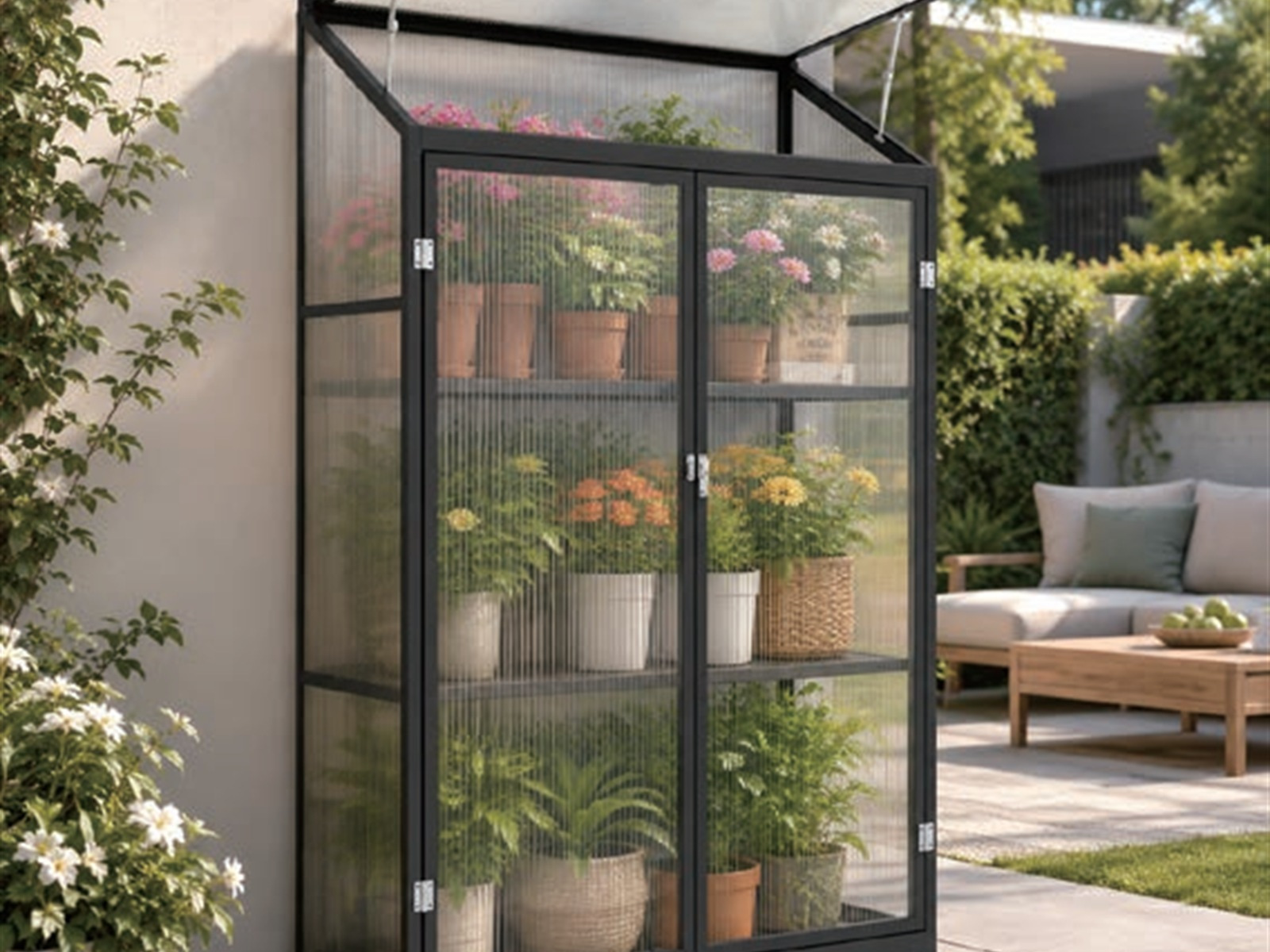 Compact outdoor greenhouse cabinet shown as a clean front product view