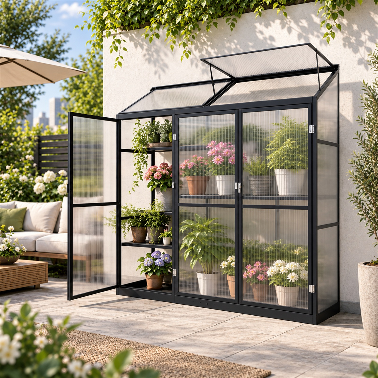 Tall outdoor greenhouse cabinet with polycarbonate panels in a garden