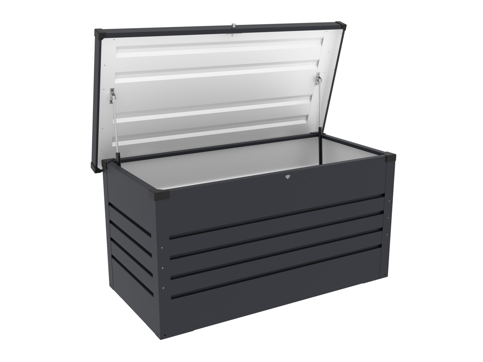 Open anthracite metal outdoor storage box with lift-up lid