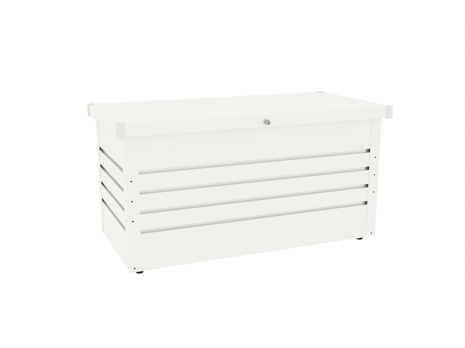 Closed light-colour metal outdoor storage box with low horizontal profile