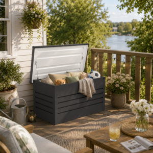 Anthracite metal outdoor storage box on a garden terrace