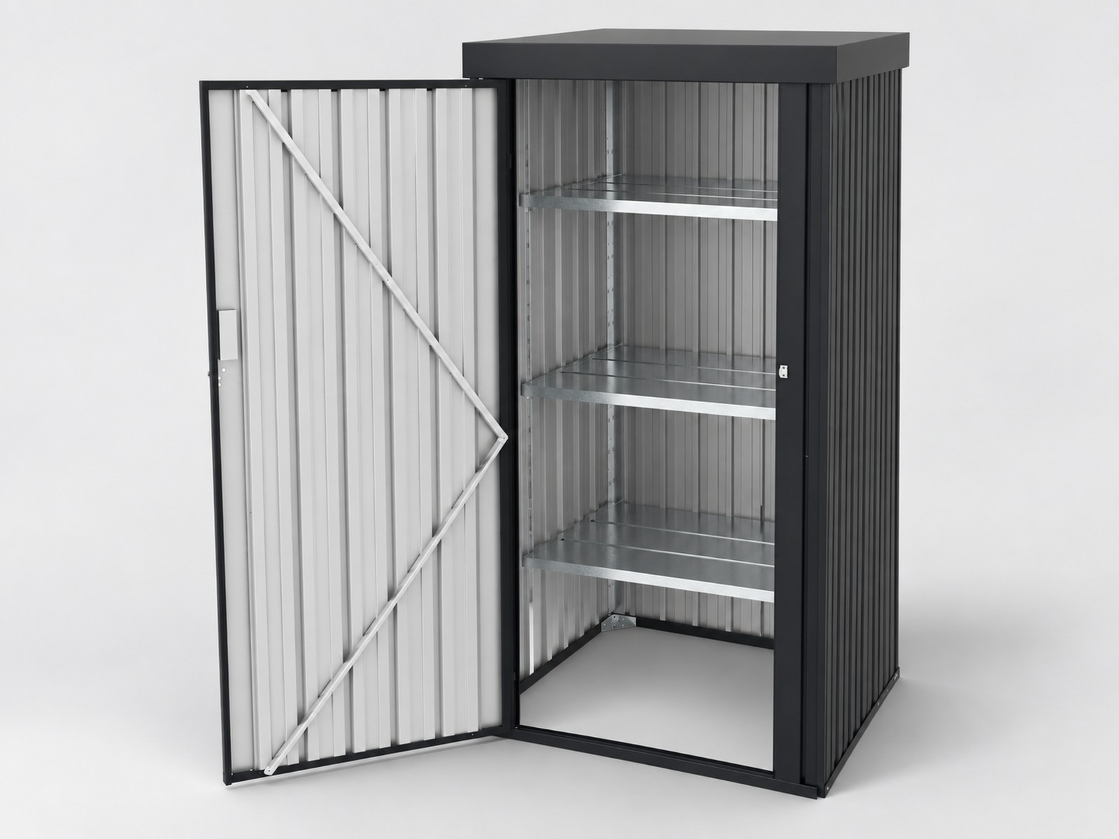 Open tall metal outdoor cabinet showing three internal shelf levels