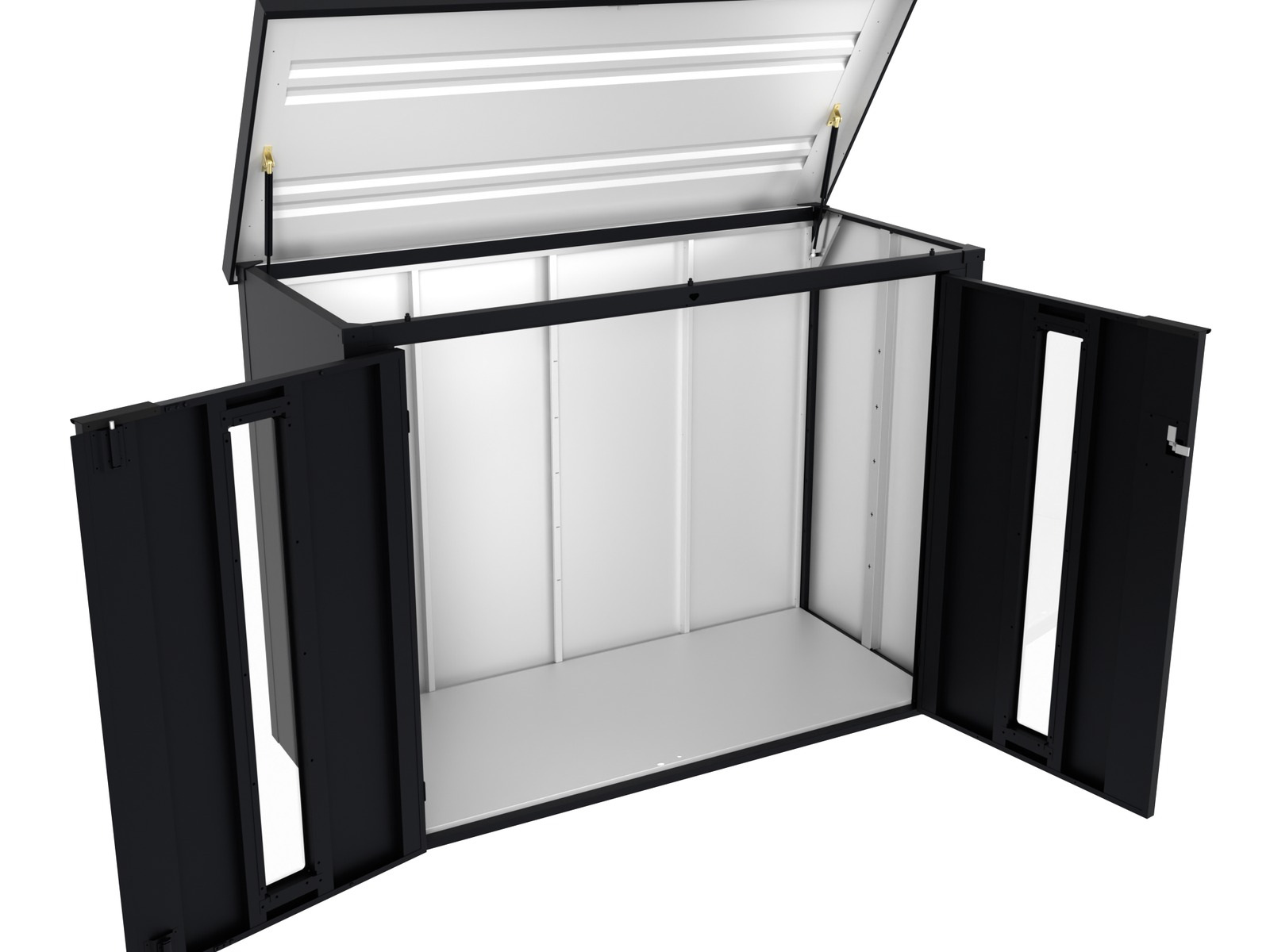 Wide dark metal outdoor cabinet with multiple front doors