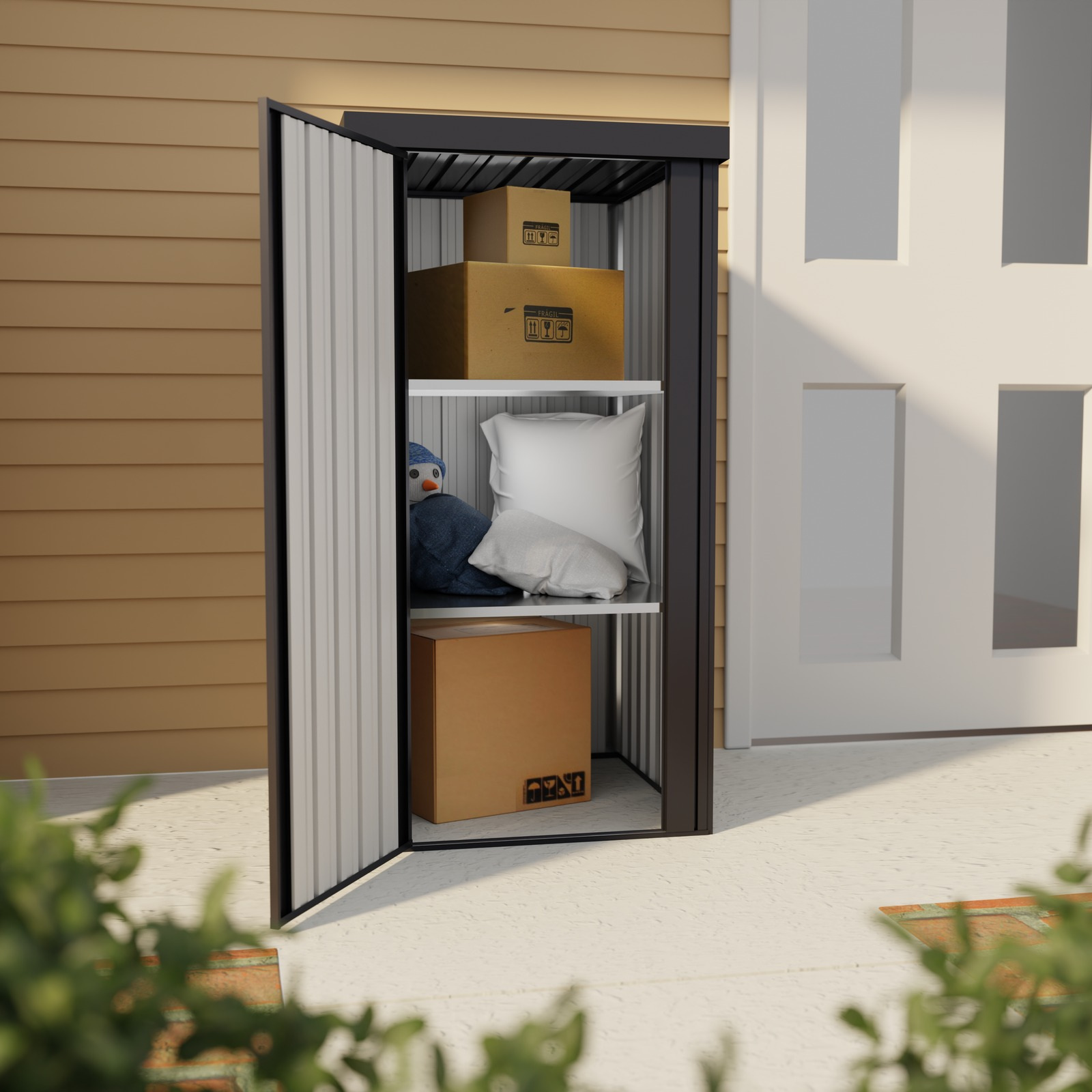 Tall metal outdoor storage cabinet open to show three shelf levels in a garden setting
