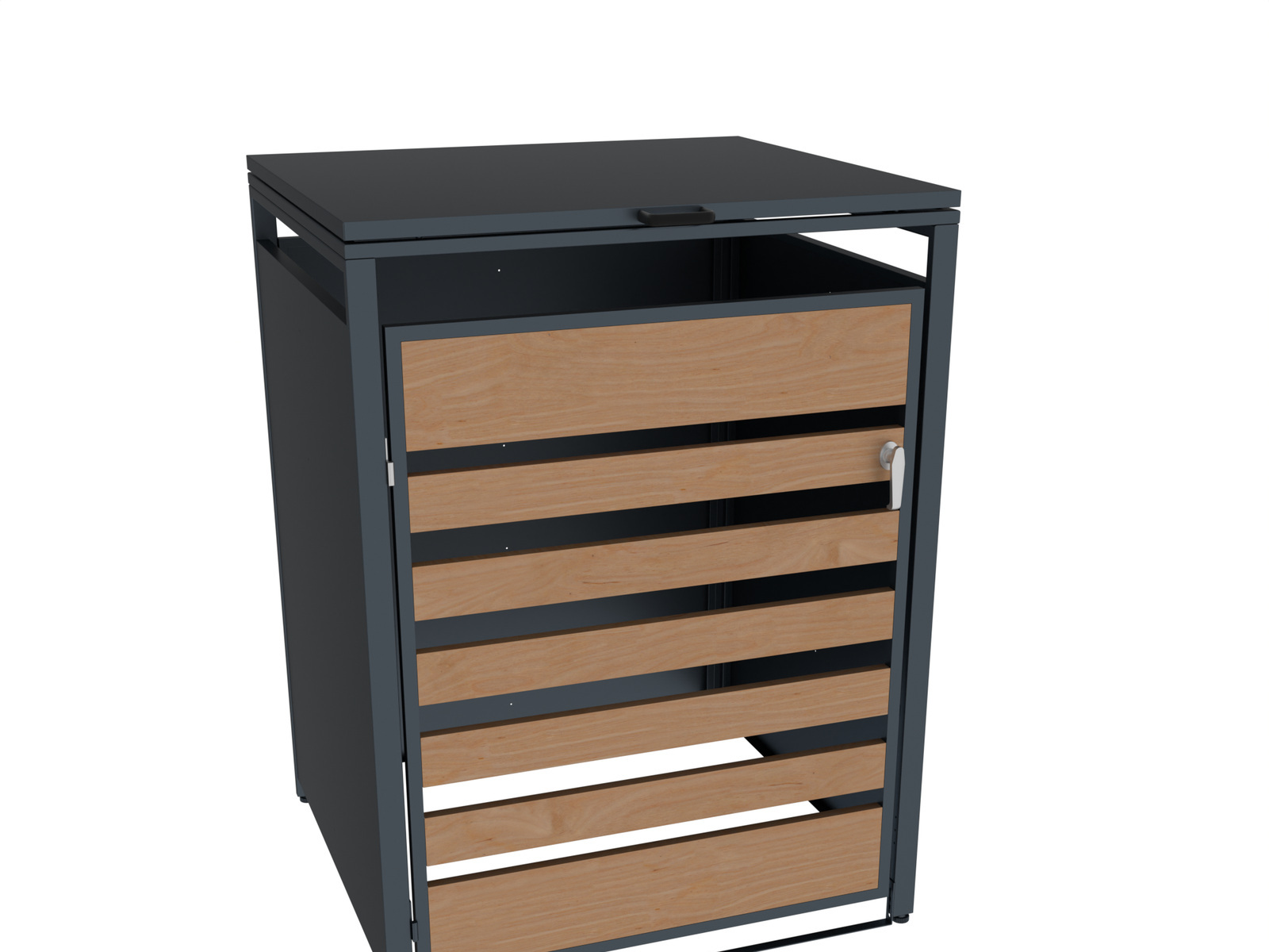 Dark metal bin enclosure with wood-effect front panels