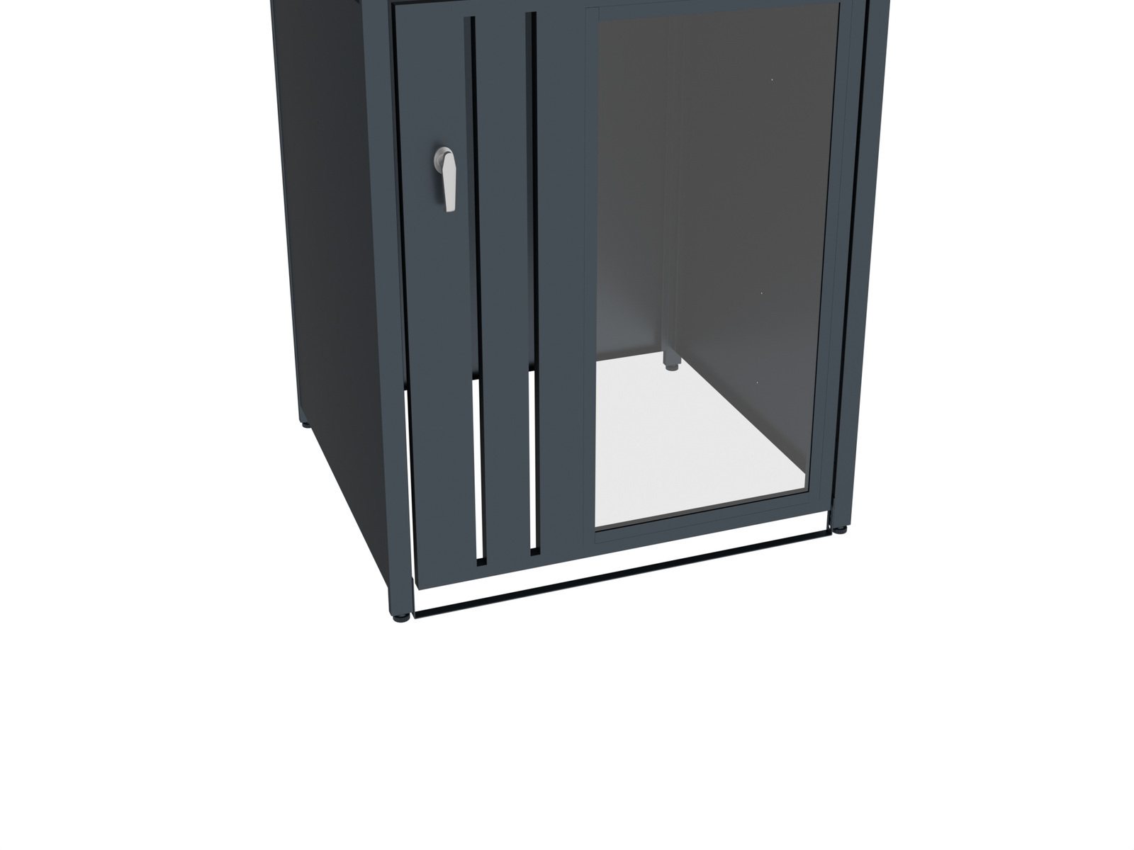 Narrow dark metal bin enclosure shown with its front access door open