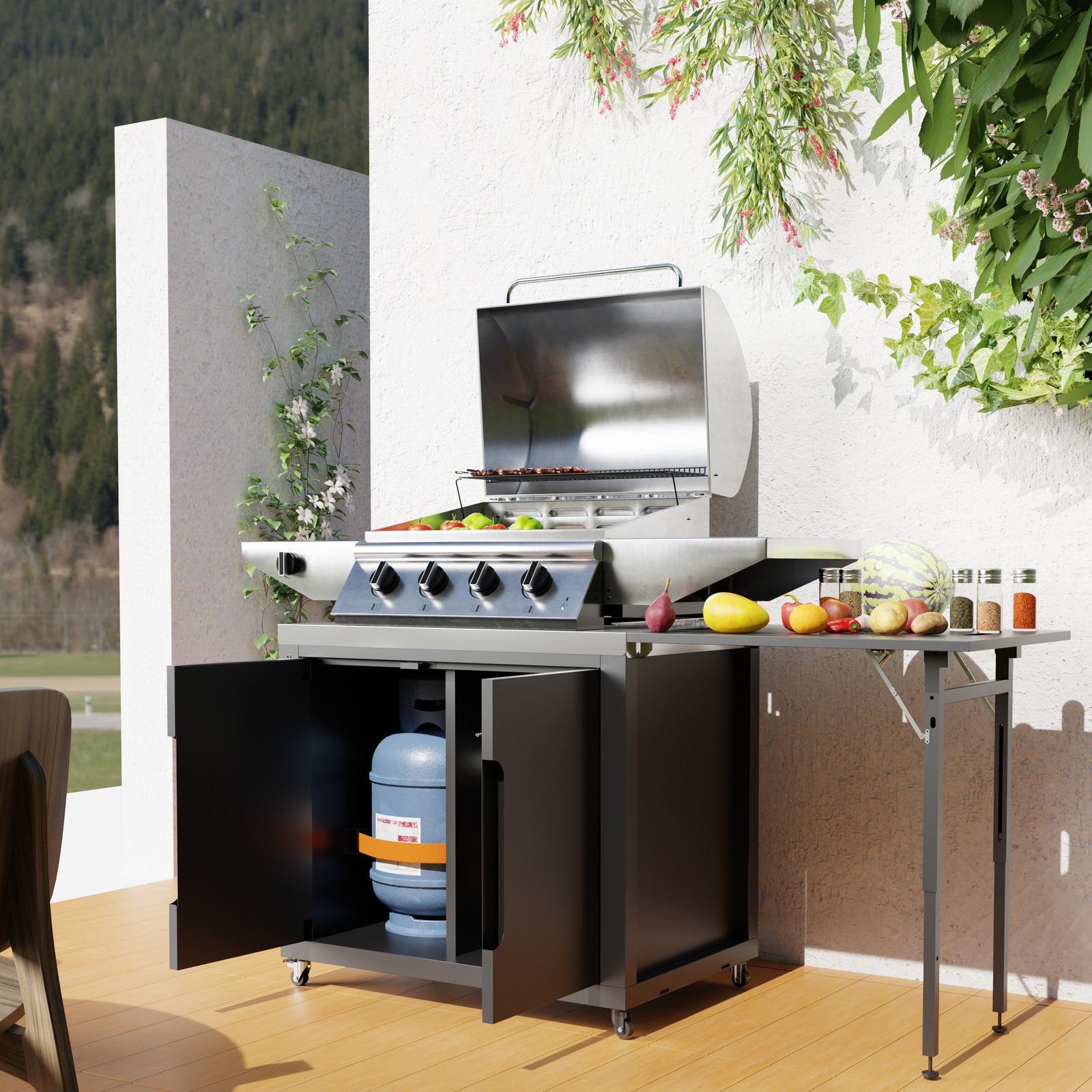 Powder-coated outdoor storage table with enclosed cabinet, foldable side table and wheels in a garden setting