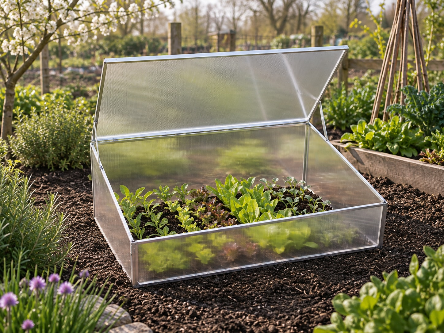 Compact polycarbonate nursery cold frame for seasonal growing ranges