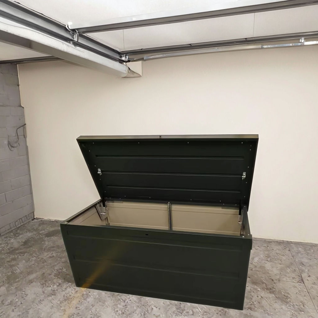 heavy-duty metal storage box for outdoor garden and garage use