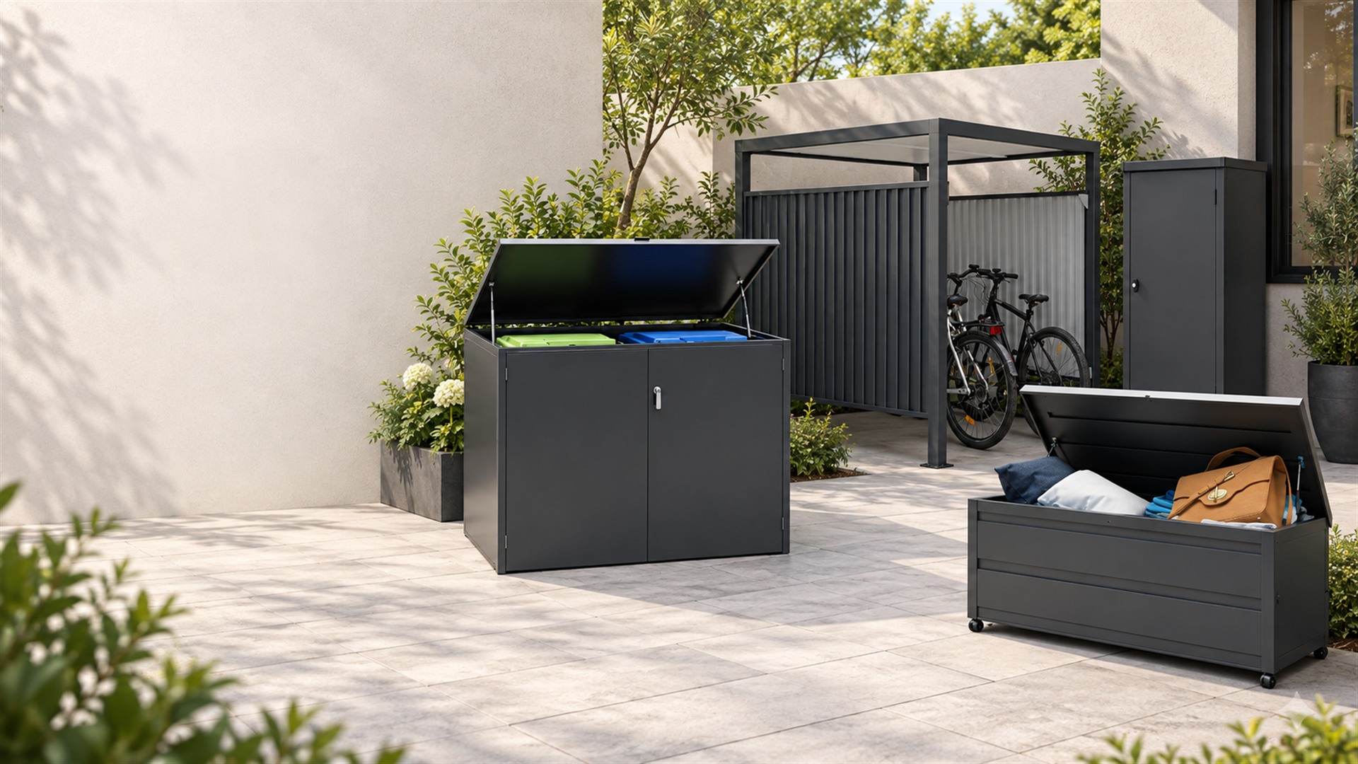 Outdoor storage range with bin storage bicycle storage cabinet and metal storage box