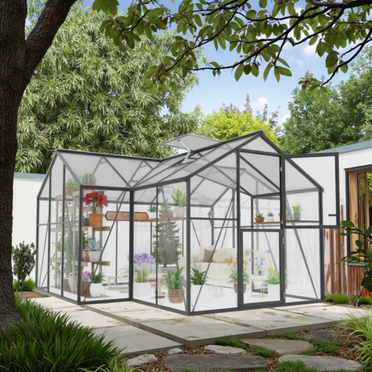 T-Shape Glass Greenhouse with Aluminium Frame and Double Doors