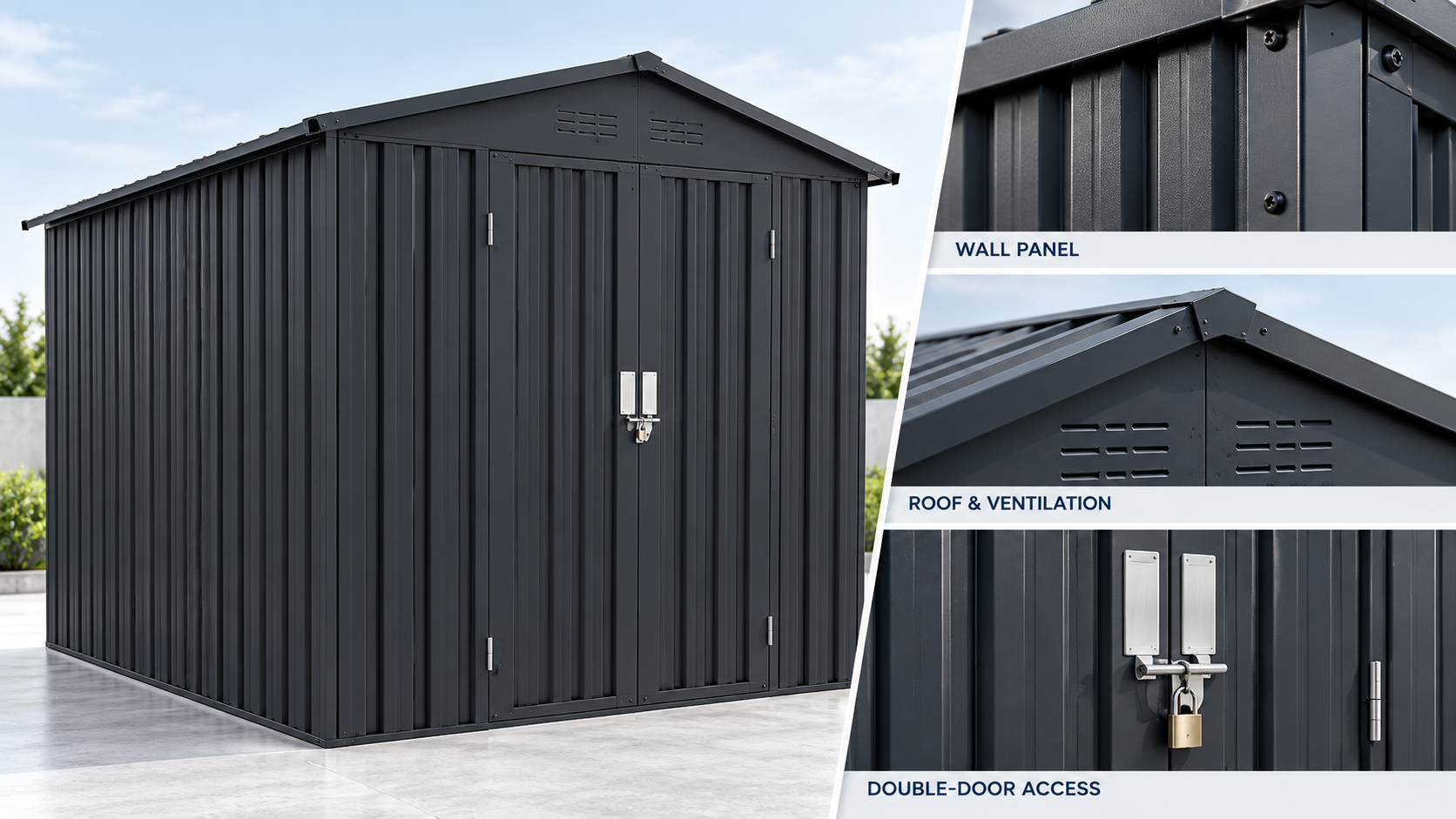 Metal garden shed wall roof ventilation and double-door hardware details