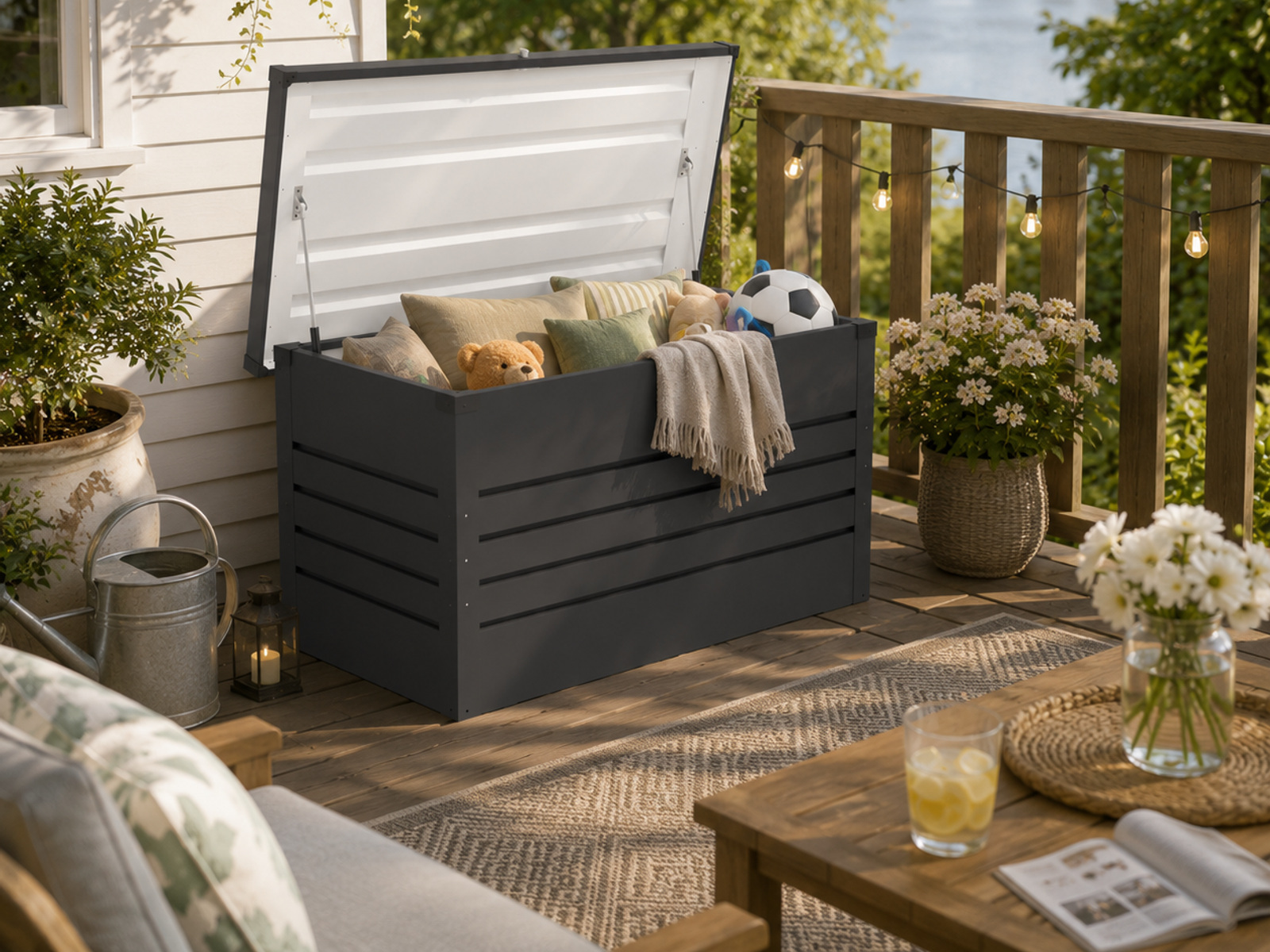 Anthracite 450-litre metal outdoor storage box with its lid open on a furnished terrace