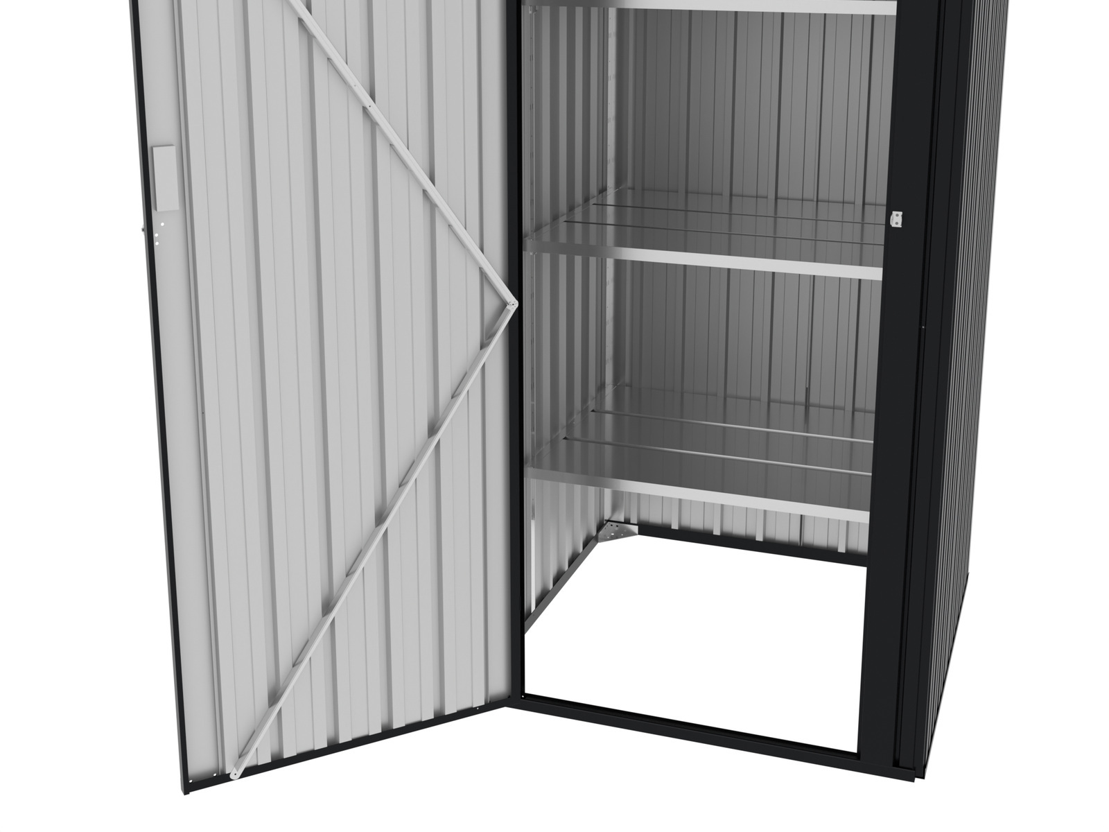 Tall dark metal outdoor locker open to show three internal shelf levels