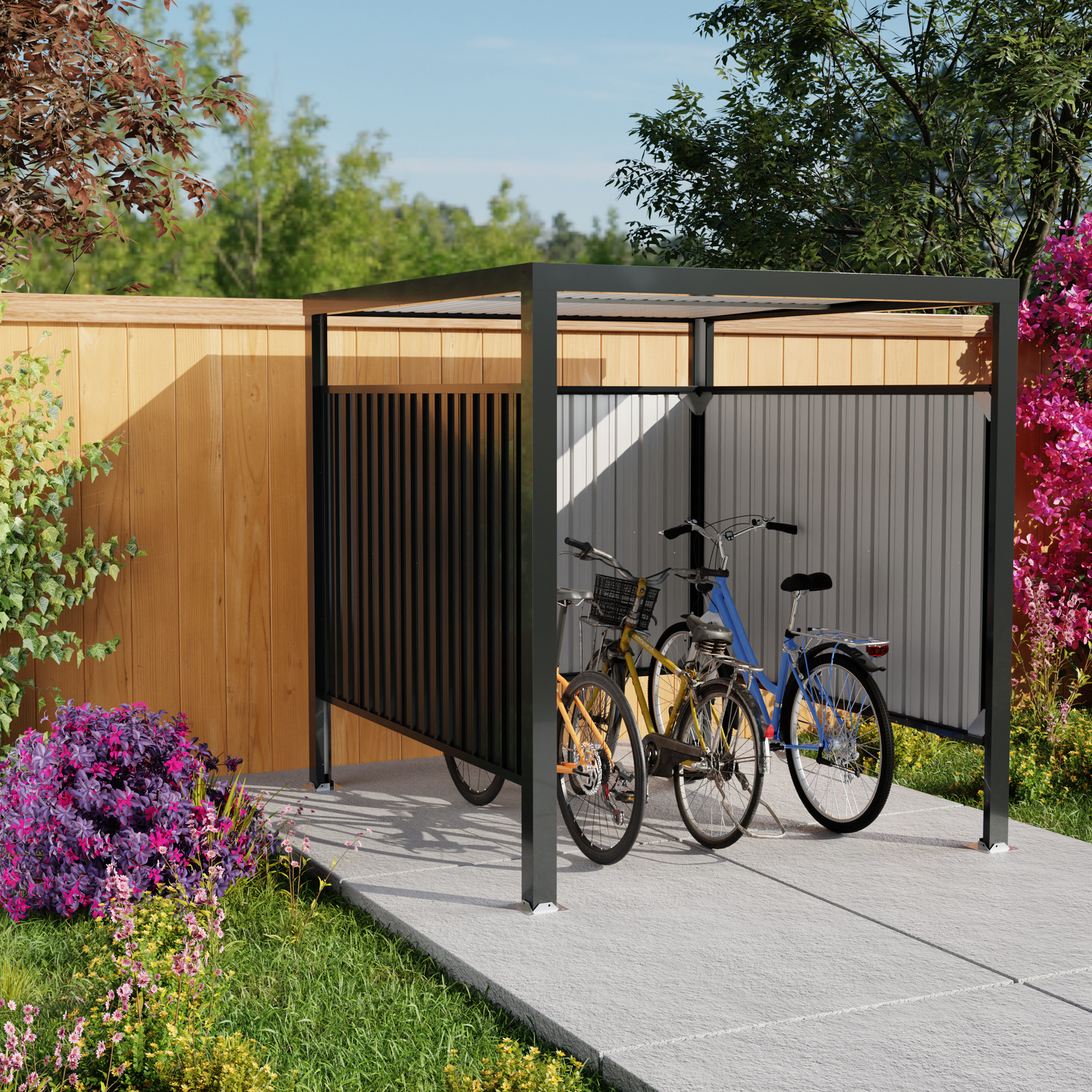Semi-enclosed metal bike shelter with bicycles in a landscaped garden