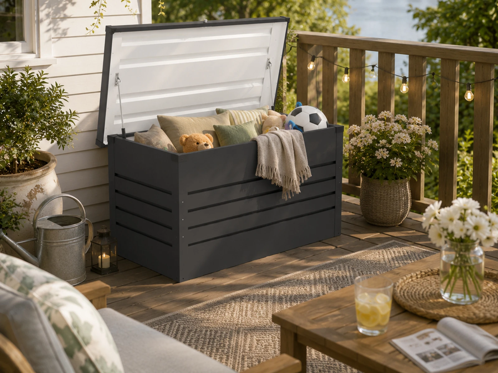 Anthracite 450-litre metal outdoor storage box with its lid open on a furnished terrace