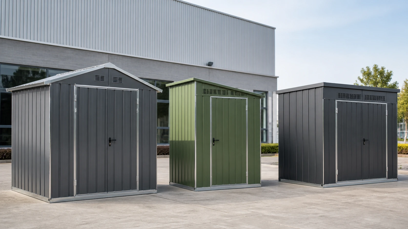 Apex and flat-roof metal garden shed platforms for order identification