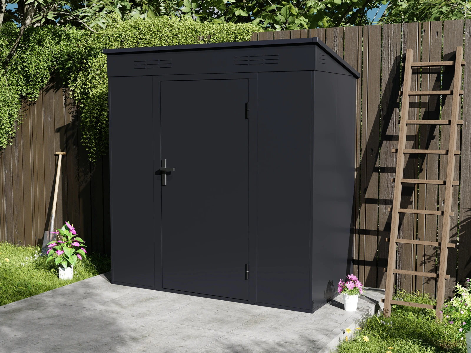 Black flat-roof metal garden shed with flat wall surfaces