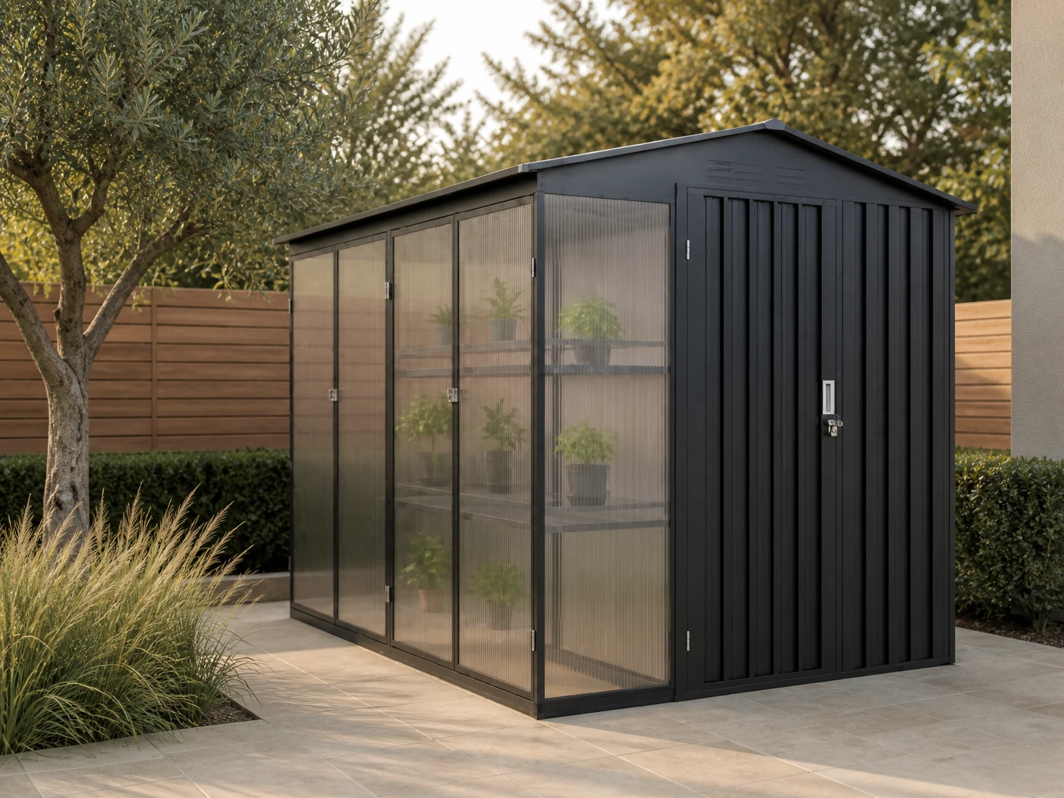 Combination greenhouse and metal garden shed