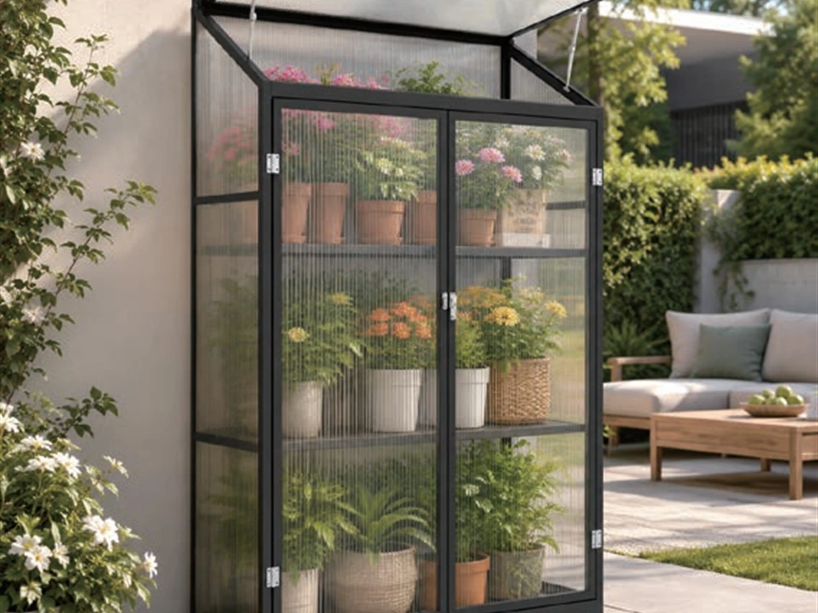 Compact outdoor greenhouse cabinet shown as a clean front product view
