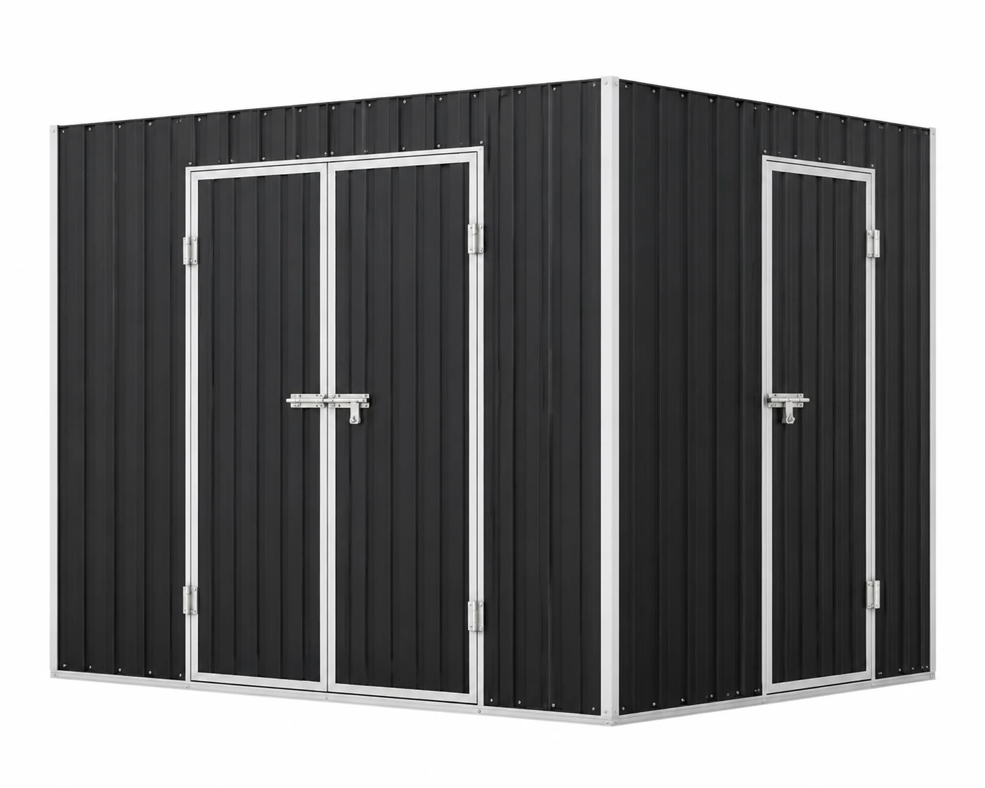Corner metal shed with two entrances